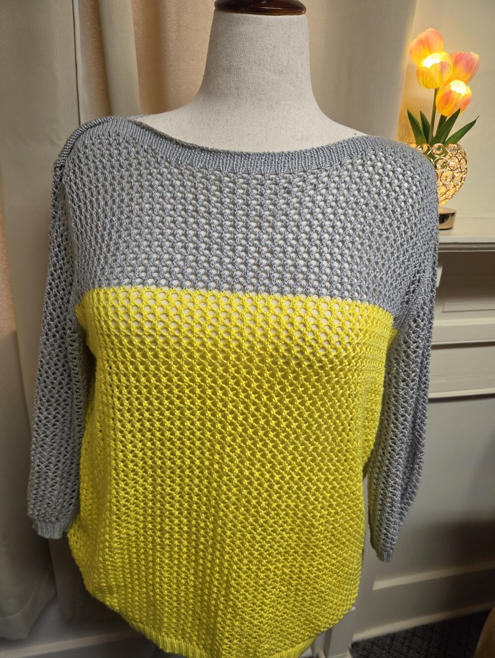 Apt. 9 Two-Tone Open Knit Crewneck Sweater in Gray and Yellow Size XL